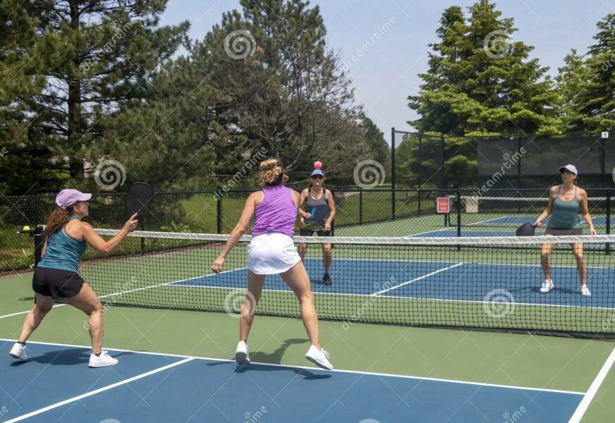 pickleball-players-action-net-comptetivie-doubles-game-blue-green-court-summer-271232269